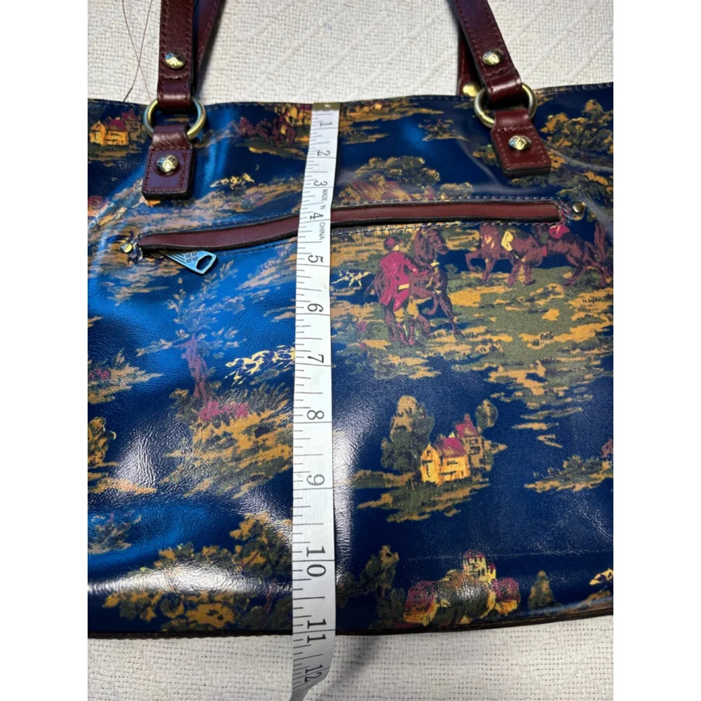 Patricia Nash Navy Tote with Brown Leather Handles and Scenic Gold & Pink Print - Picture 5 of 15